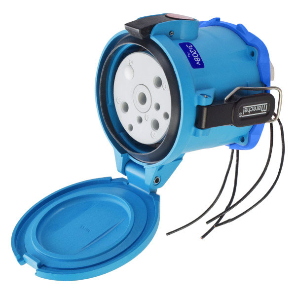 63-94163-264-375-843 - DSN150 RECEPTACLE POLY BLUE SIZE 5 TYPE 4X IP 69 3P+G 150A 208 VAC 60 Hz +4 AUX PADLOCKABLE MUSHROOM PAWL